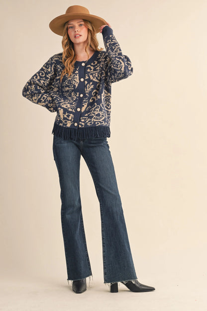 Floral Knit Fringed Sweater Cardigan - Navy Taupe