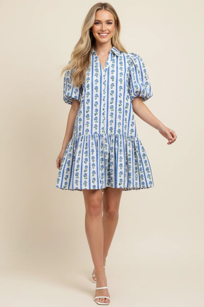 Floral Stripe Puffed Sleeve Mini Dress - Blue