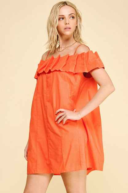 Ruffled Off Shoulder Mini Dress - Burnt Orange