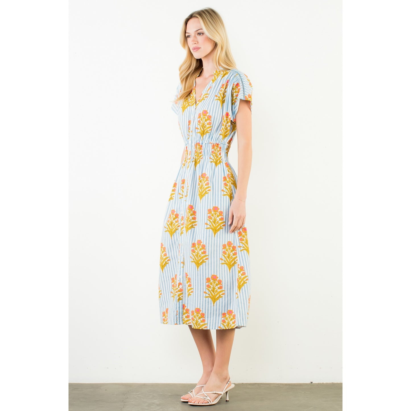 Short Sleeve Floral Striped Print Dress - Blue