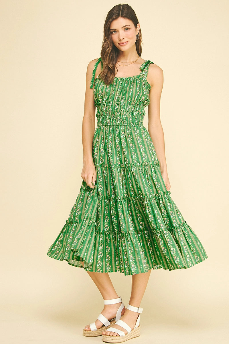 Floral Tiered Midi Dress - Green