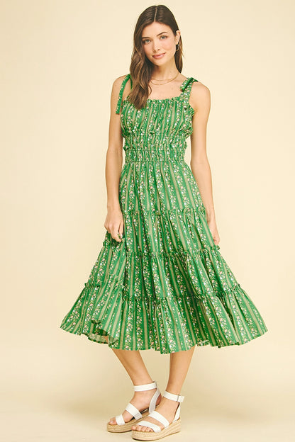 Floral Tiered Midi Dress - Green
