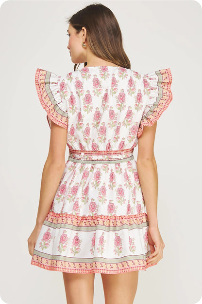Floral Block Print Poplin Ruffle Sleeve Mini Dress - White/Pink