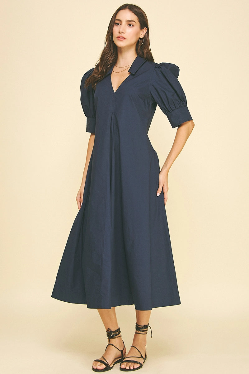 V-Neck Pleated A-Line Dress - Deep Navy