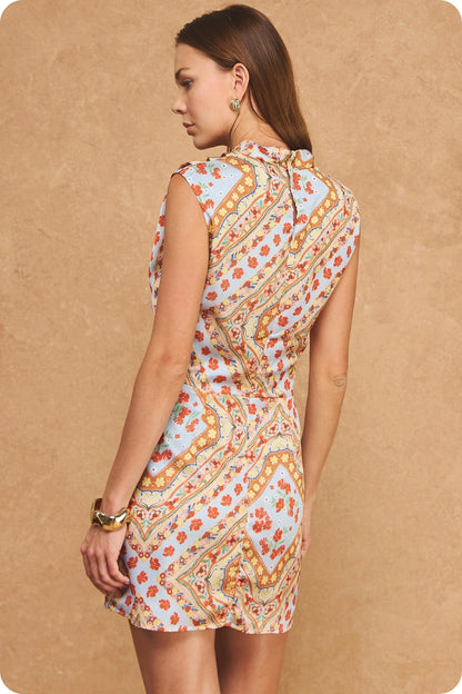 Geo Scarf Print Sleeveless Draped Neck Mini Dress - Light Blue/Rust Orange