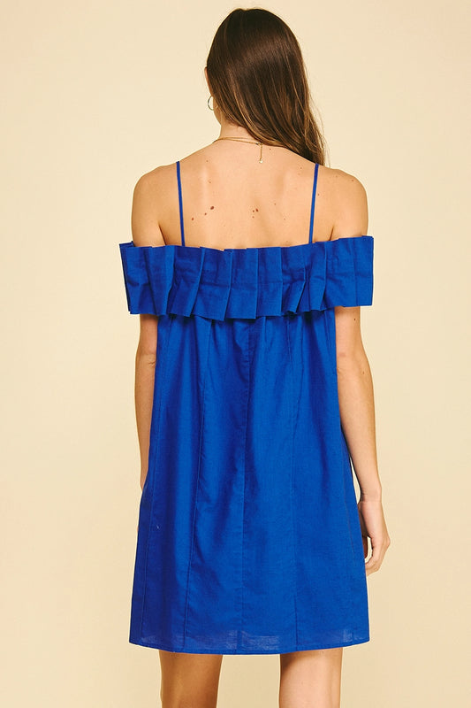 Ruffled Off Shoulder Mini Dress - Cobalt Blue