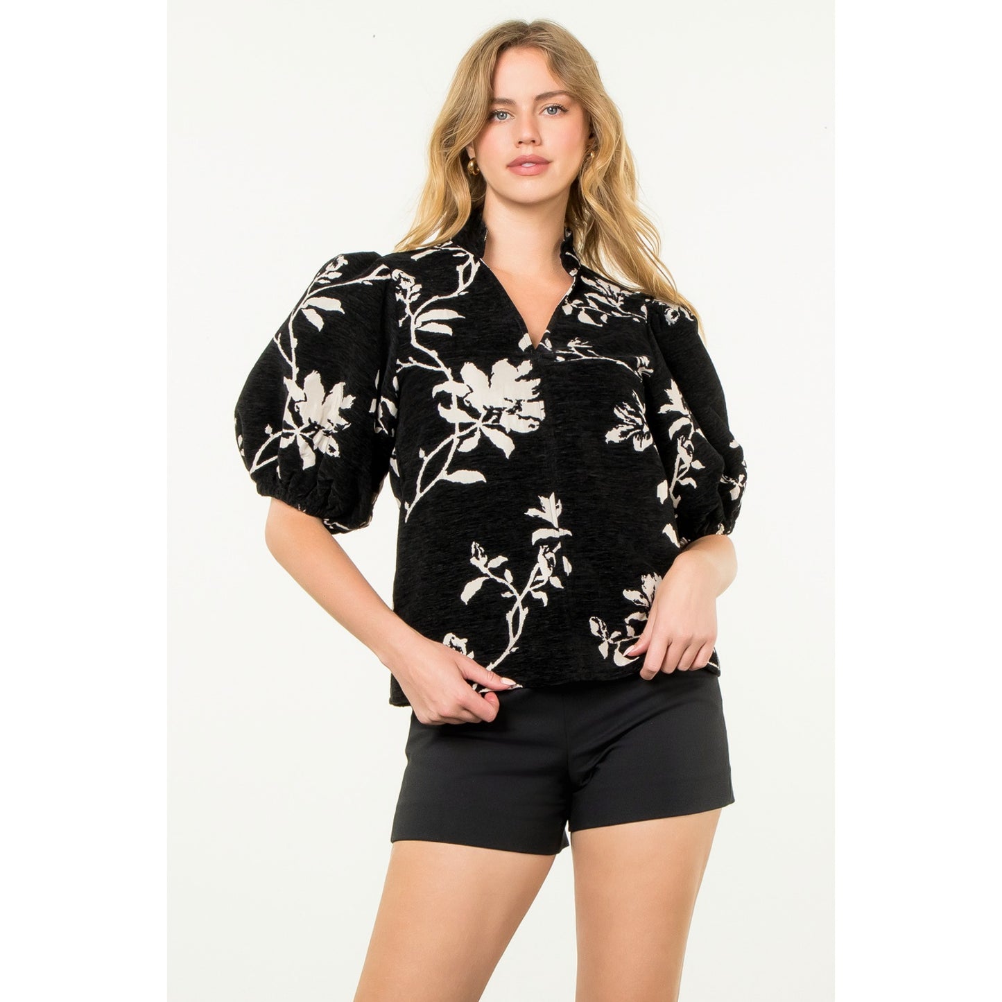 THML - Chenille Puff Sleeve Top - Black