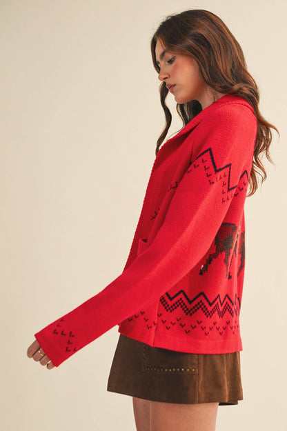Horse Knit Sweater Cardigan - Red