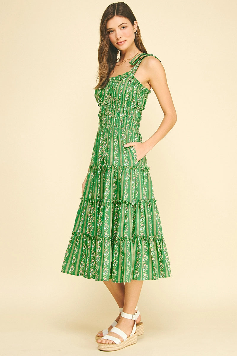 Floral Tiered Midi Dress - Green