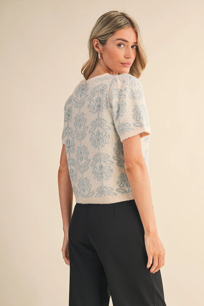 Floral Knit Short Puff Sleeve Sweater Cardigan - Retro Blue