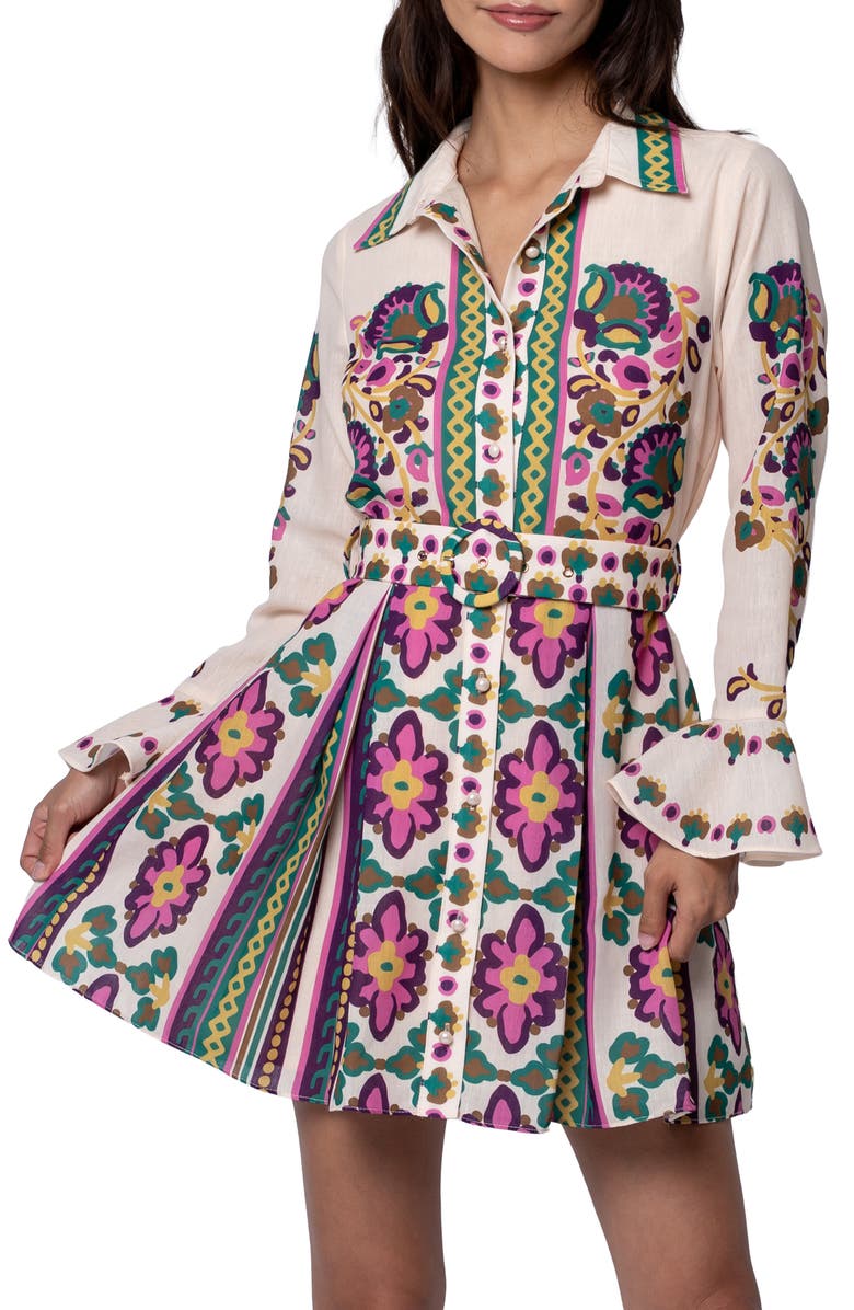 Maris Printed Mini Shirt Dress with Pleats - Cream Multi