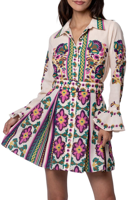 Maris Printed Mini Shirt Dress with Pleats - Cream Multi