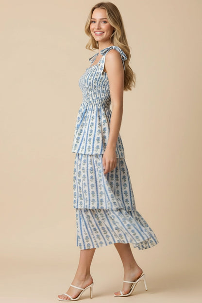 Striped Floral Smocked Midi Dress - Blue