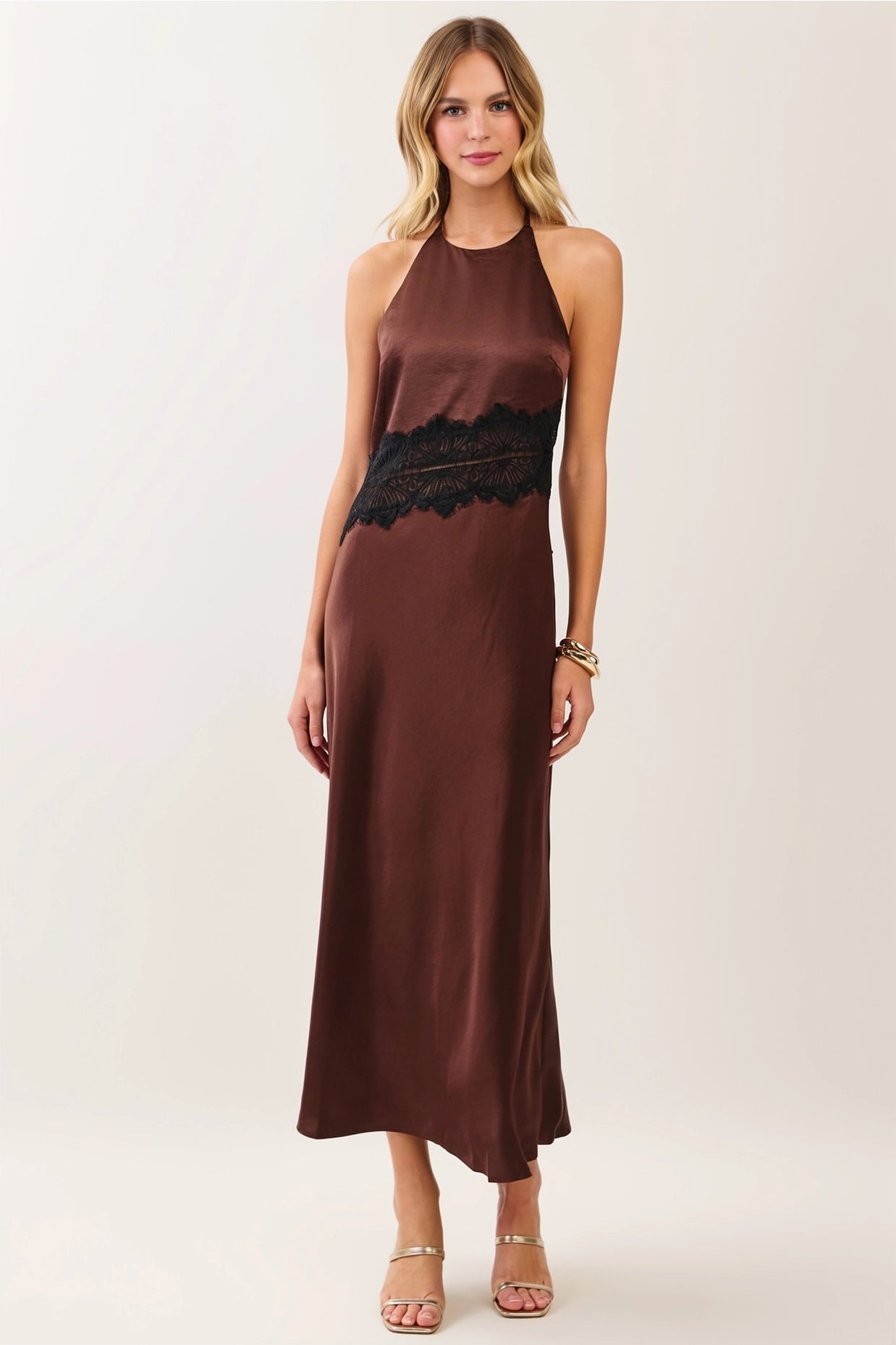 Lace Waist Satin Halter Maxi Dress - Chocolate