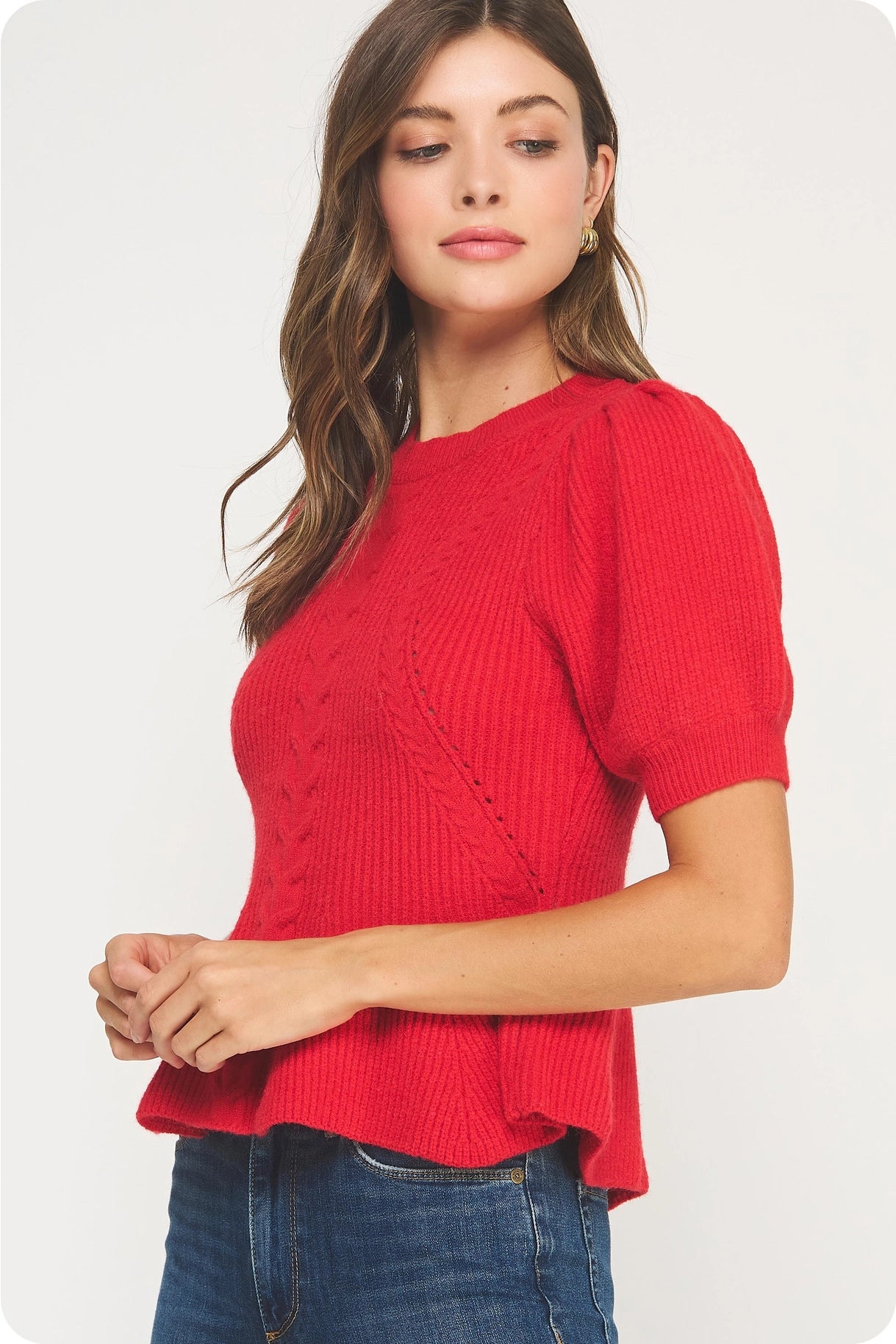 Flared Puff Sleeve Knit Top - Red