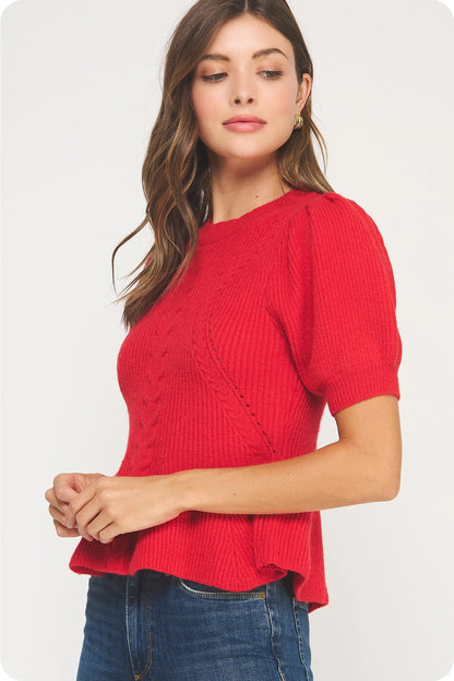 Flared Puff Sleeve Knit Top - Red