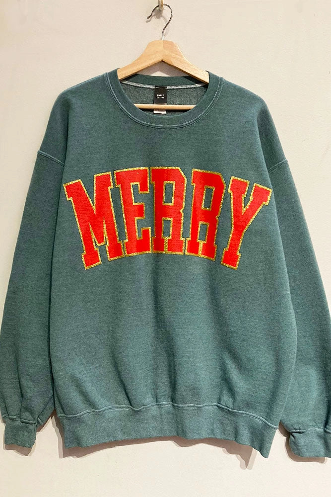 Sweet Claire - Glitter Merry Holiday Sweatshirt - Heather Green