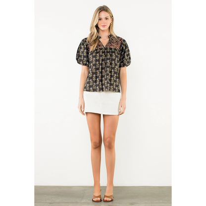 Puff Sleeve Floral Print V-Neck Top - Black