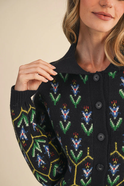Floral Knit Collared Sweater Cardigan - Black Multi