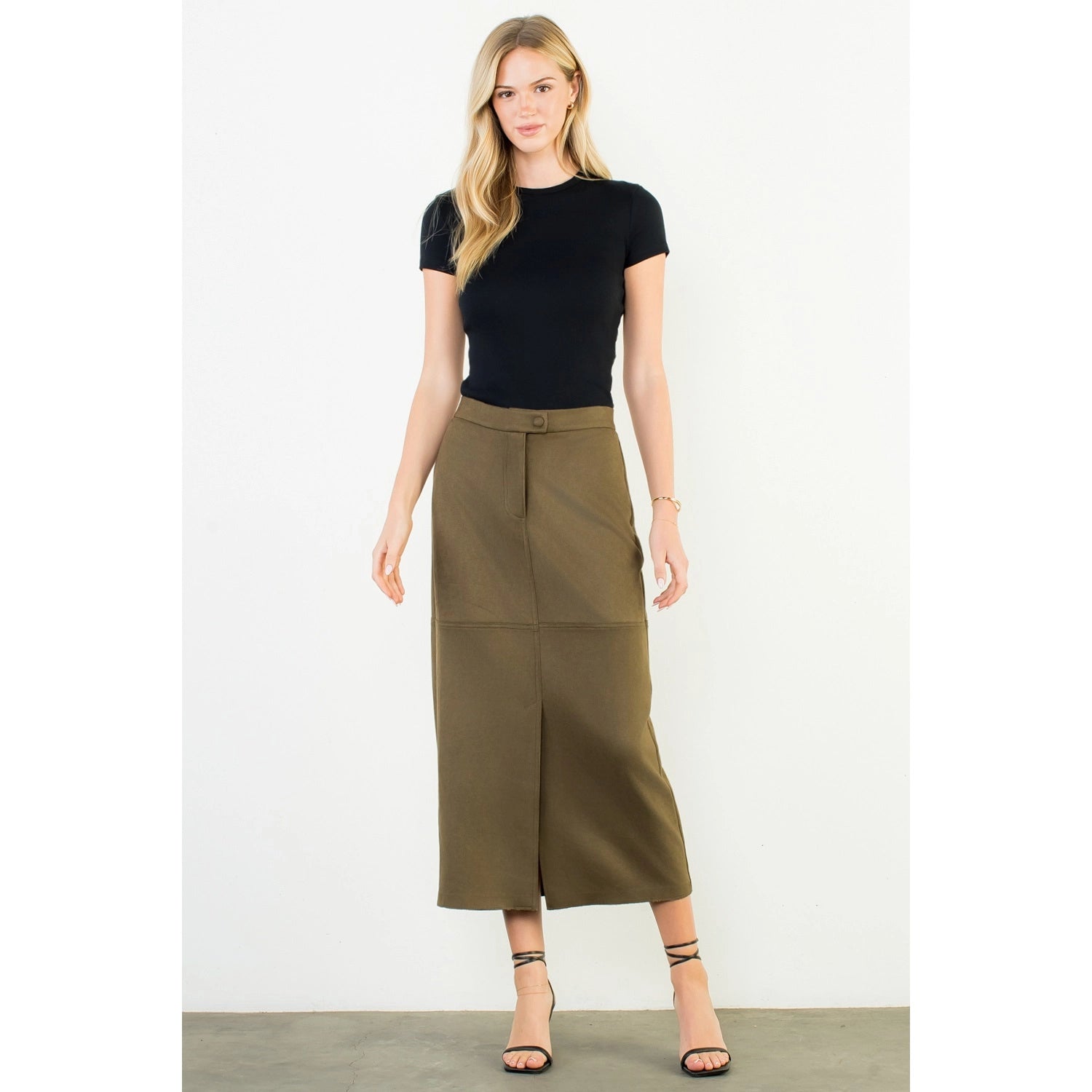 Front Slit Suede Long Skirt - Olive