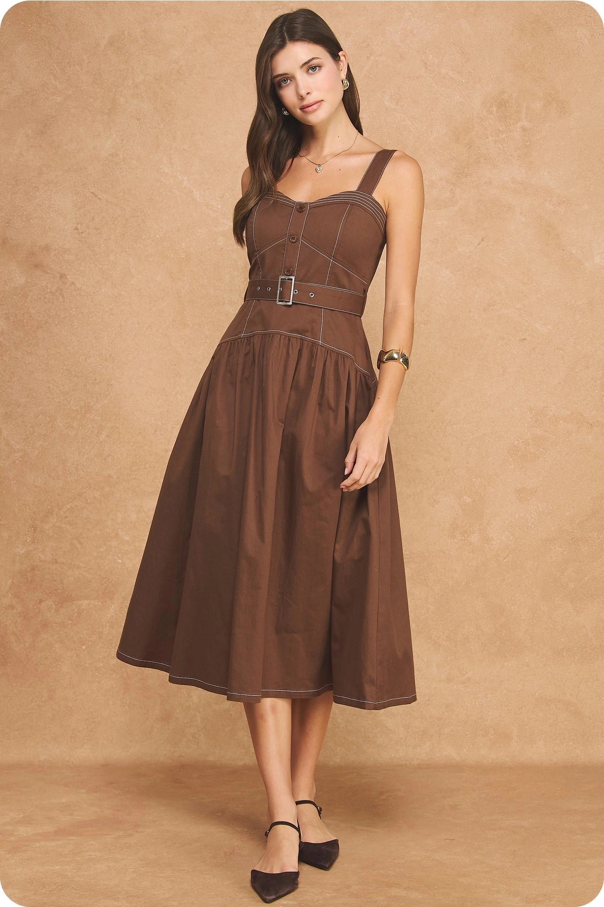 Contrast Top Stitch Sweetheart Belted A-Line Midi Dress - Chocolate Brown