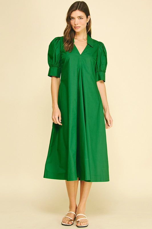 V-Neck Pleated A-Line Dress - Grass Green