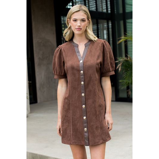 Puff Sleeve V-Neck Button Up Suede Dress - Brown