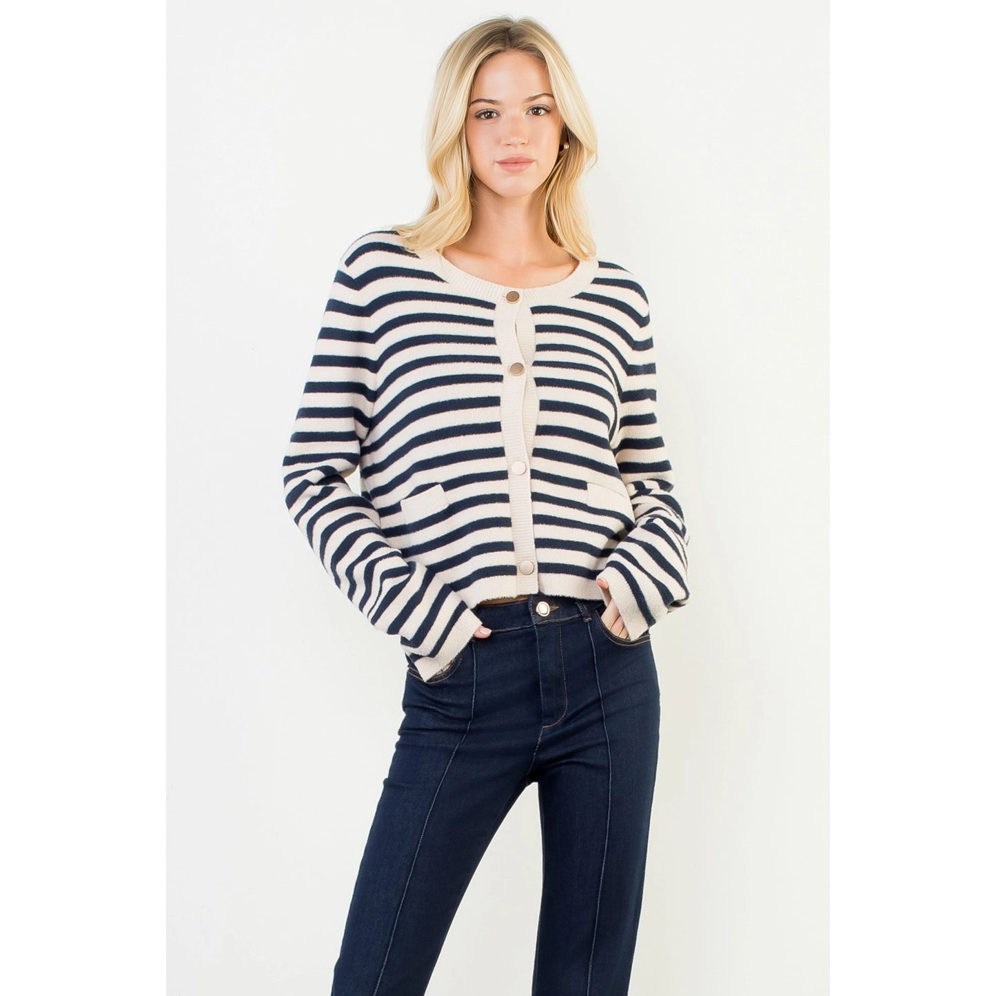 Striped Knit Cardigan - Cream