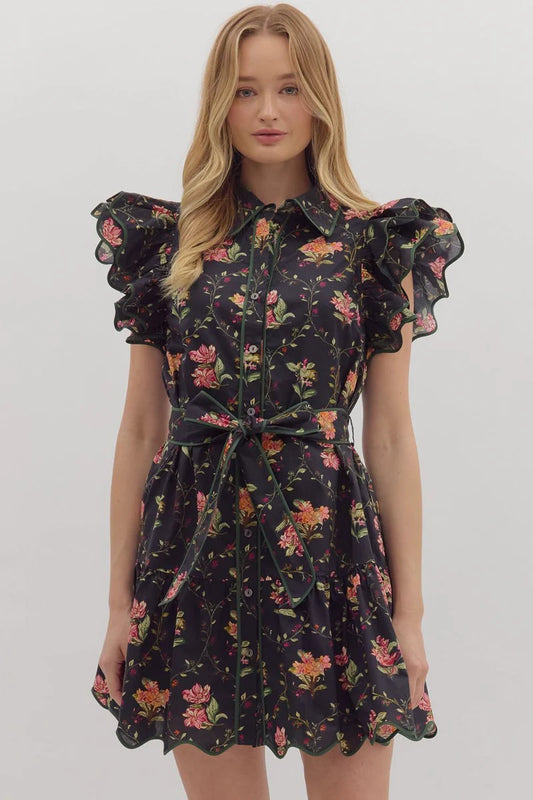 Sara Floral Ruffle Mini Dress - Black