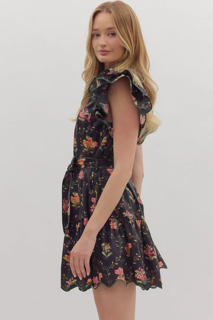 Sara Floral Ruffle Mini Dress - Black
