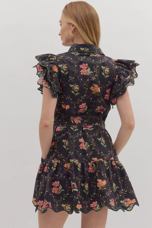 Sara Floral Ruffle Mini Dress - Black
