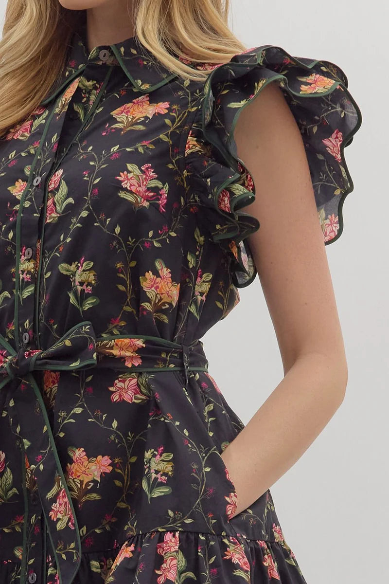 Sara Floral Ruffle Mini Dress - Black