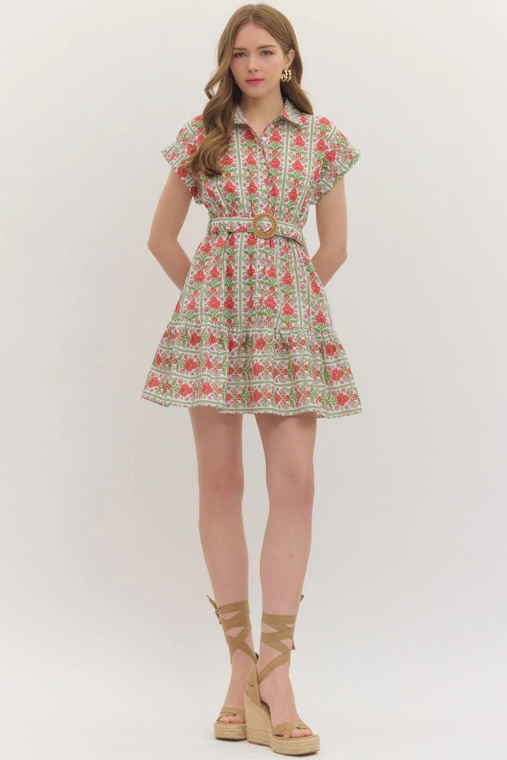 Botanical Print Belted Mini Dress - Red