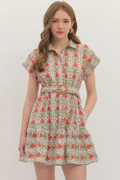 Botanical Print Belted Mini Dress - Red
