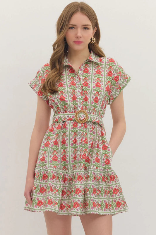 Botanical Print Belted Mini Dress - Red