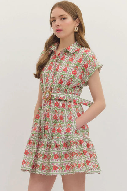 Botanical Print Belted Mini Dress - Red