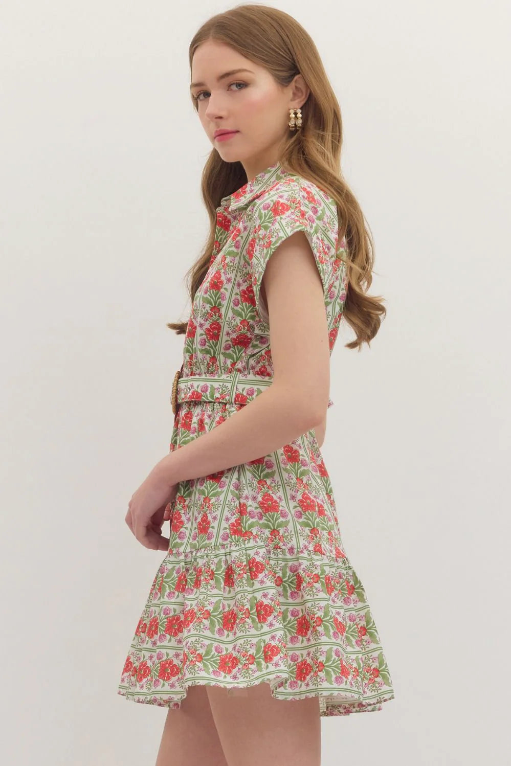 Botanical Print Belted Mini Dress - Red