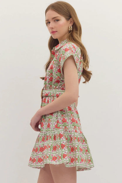 Botanical Print Belted Mini Dress - Red