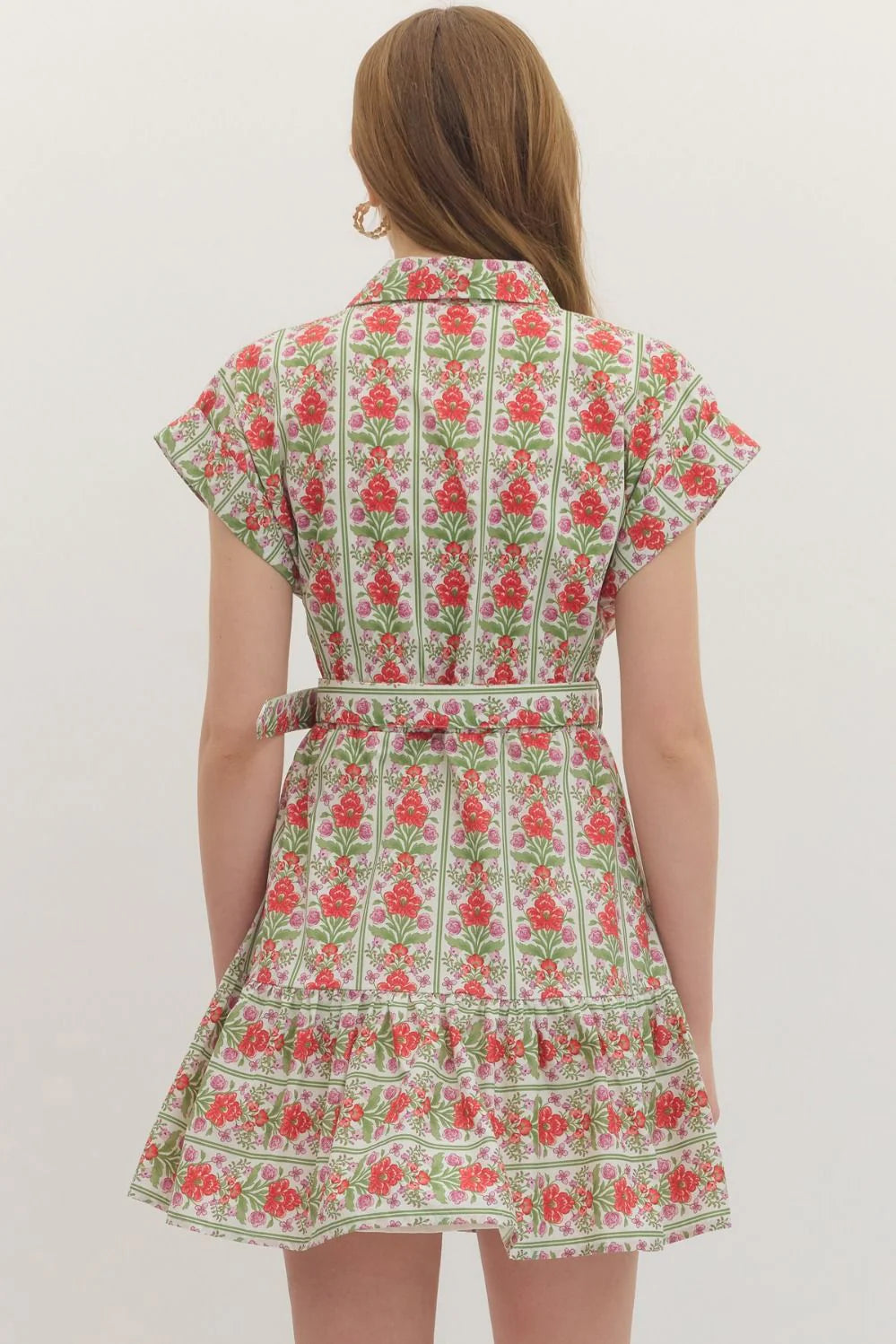 Botanical Print Belted Mini Dress - Red