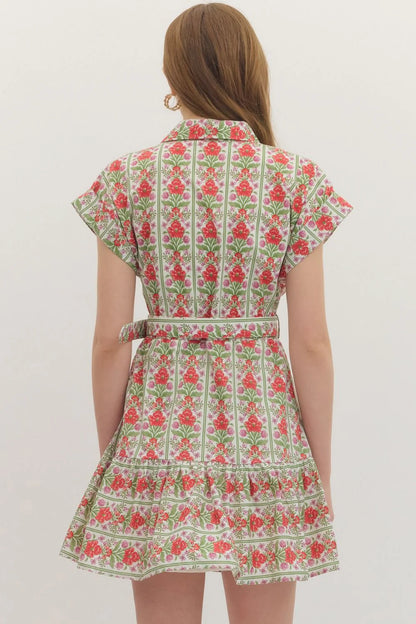 Botanical Print Belted Mini Dress - Red