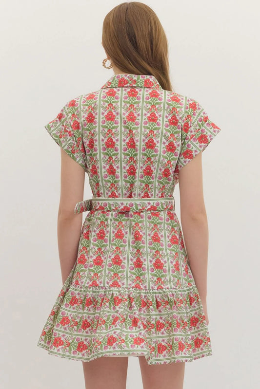 Botanical Print Belted Mini Dress - Red