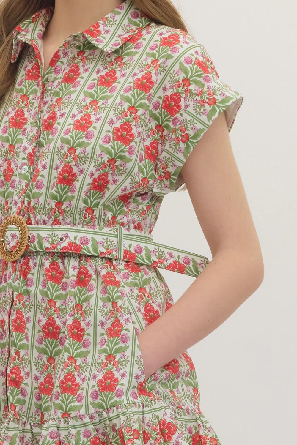 Botanical Print Belted Mini Dress - Red