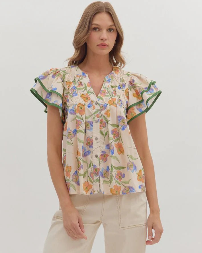 Floral Flutter Sleeve Top - Ecru