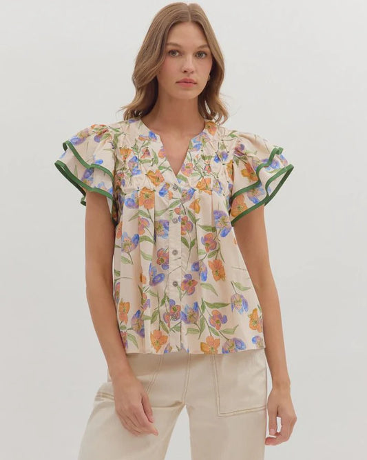 Floral Flutter Sleeve Top - Ecru