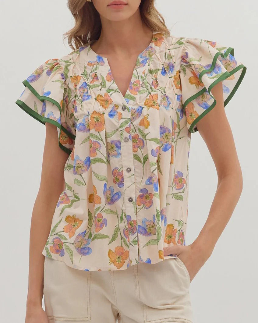 Floral Flutter Sleeve Top - Ecru
