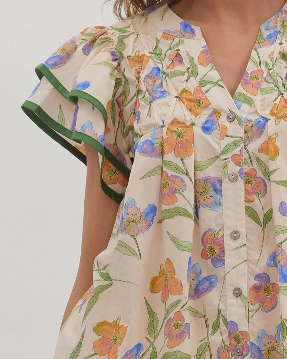 Floral Flutter Sleeve Top - Ecru