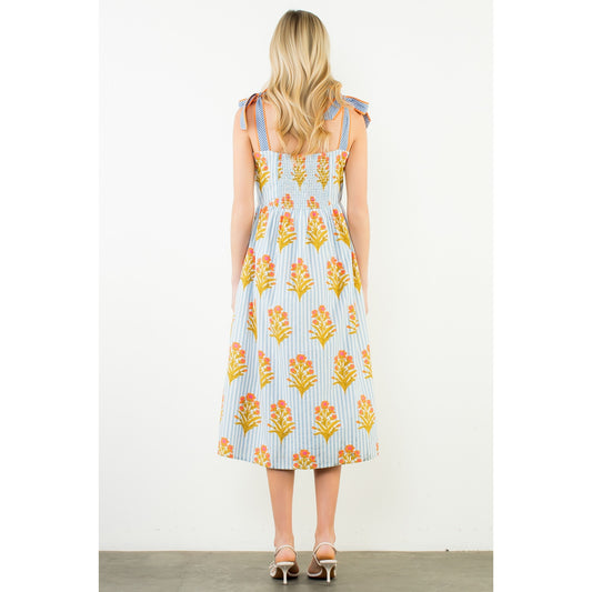 Tie Straps Floral Pattern Button Down Dress - Blue - Spinout