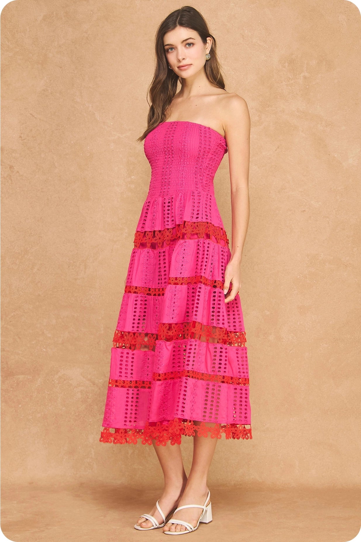 Color Block Smocked Eyelet Tube Midi Dress - Fuchsia/Red