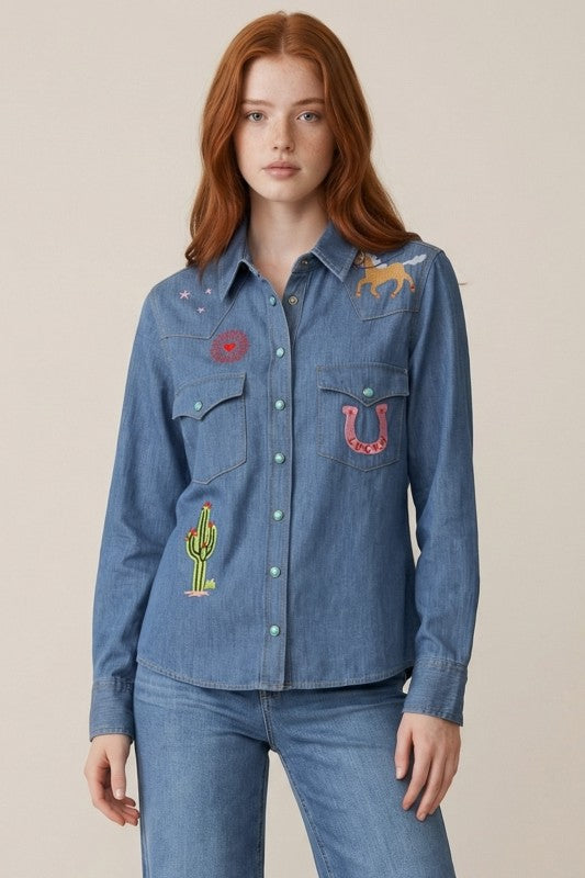 Embroidered Denim Button Down Shirt