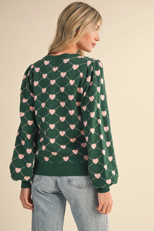 Heart Knit Puff Sleeve Sweater - Hunter Green Pink